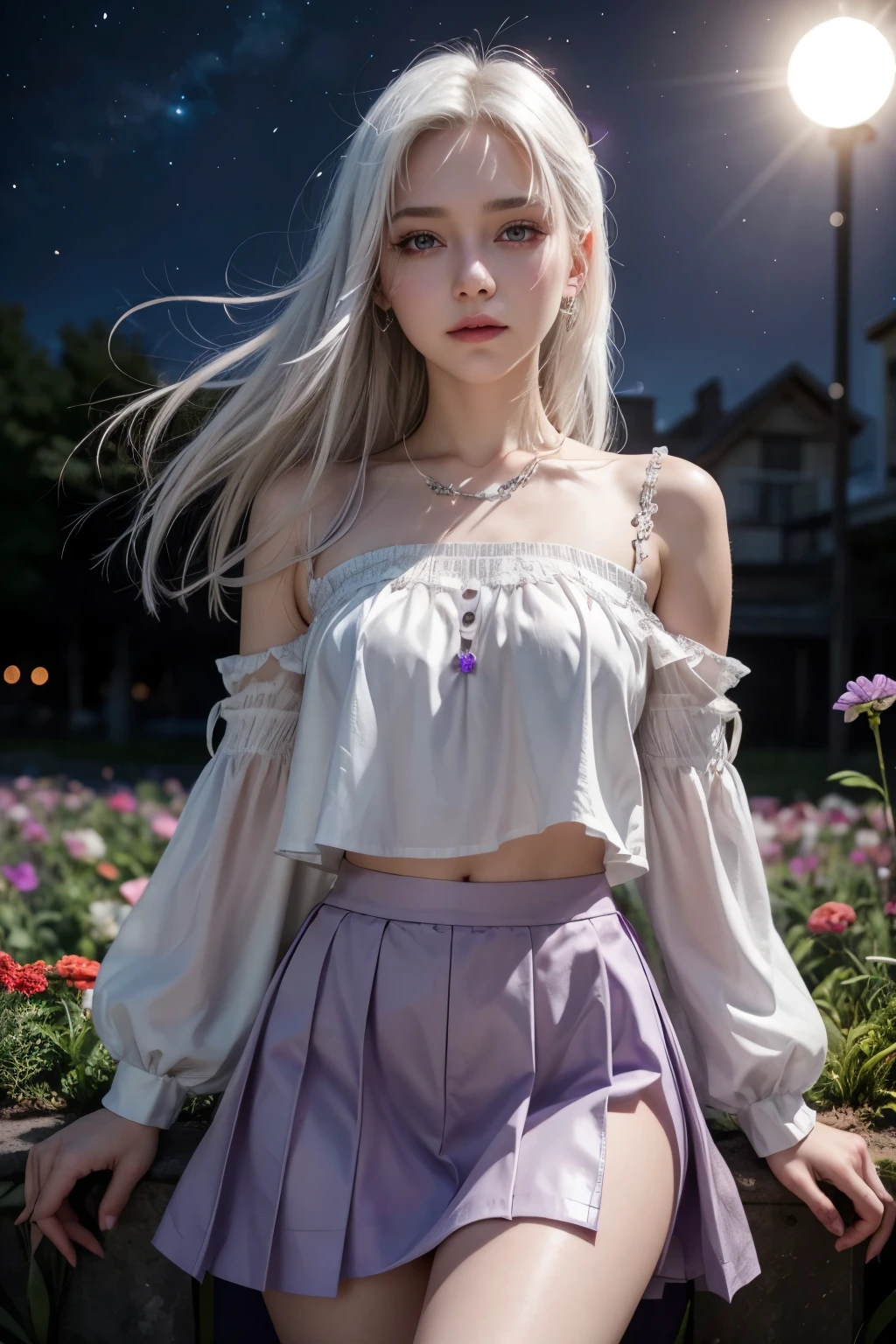 realistic, 1 girl, white hair, purple eyes, glowing eyes, top cut, skirt, parted lips, blushing, night, Flowers, Sun, Sollight,