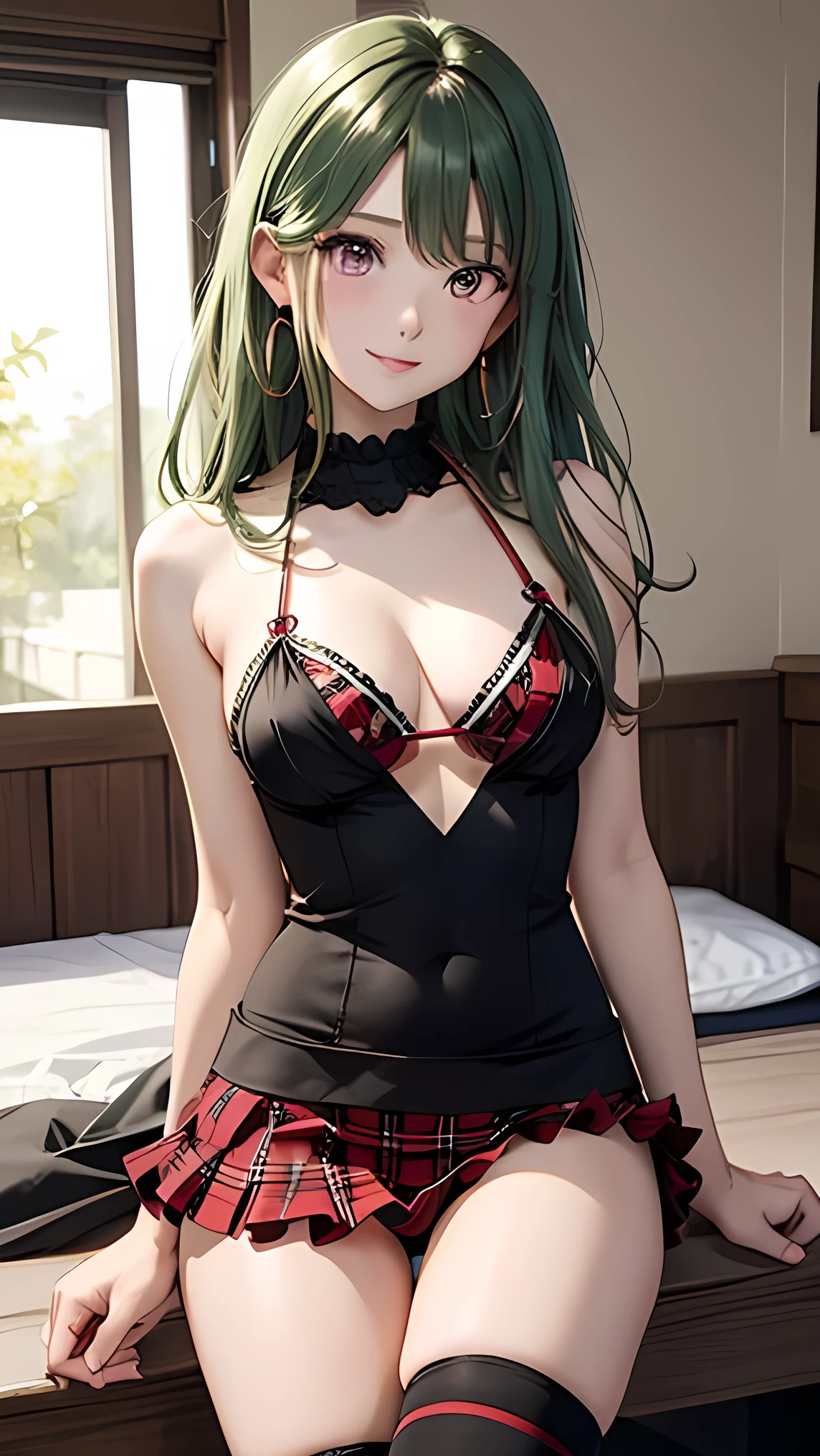 masterpiece,Ultra-high resolution、Highest quality、Sexy pose、Green Hair、Long Hair:1.2, Pink Eyes, smile、Tilt your head、big gold earrings:1.5,、Small breasts、the body is slim、Tight waist、Spread your legs,Cowboy Shot、Black and red tartan ruffle bikini、Red super mini bikini skirt、Black panties are slightly visible、Knee socks、Underwear Focus