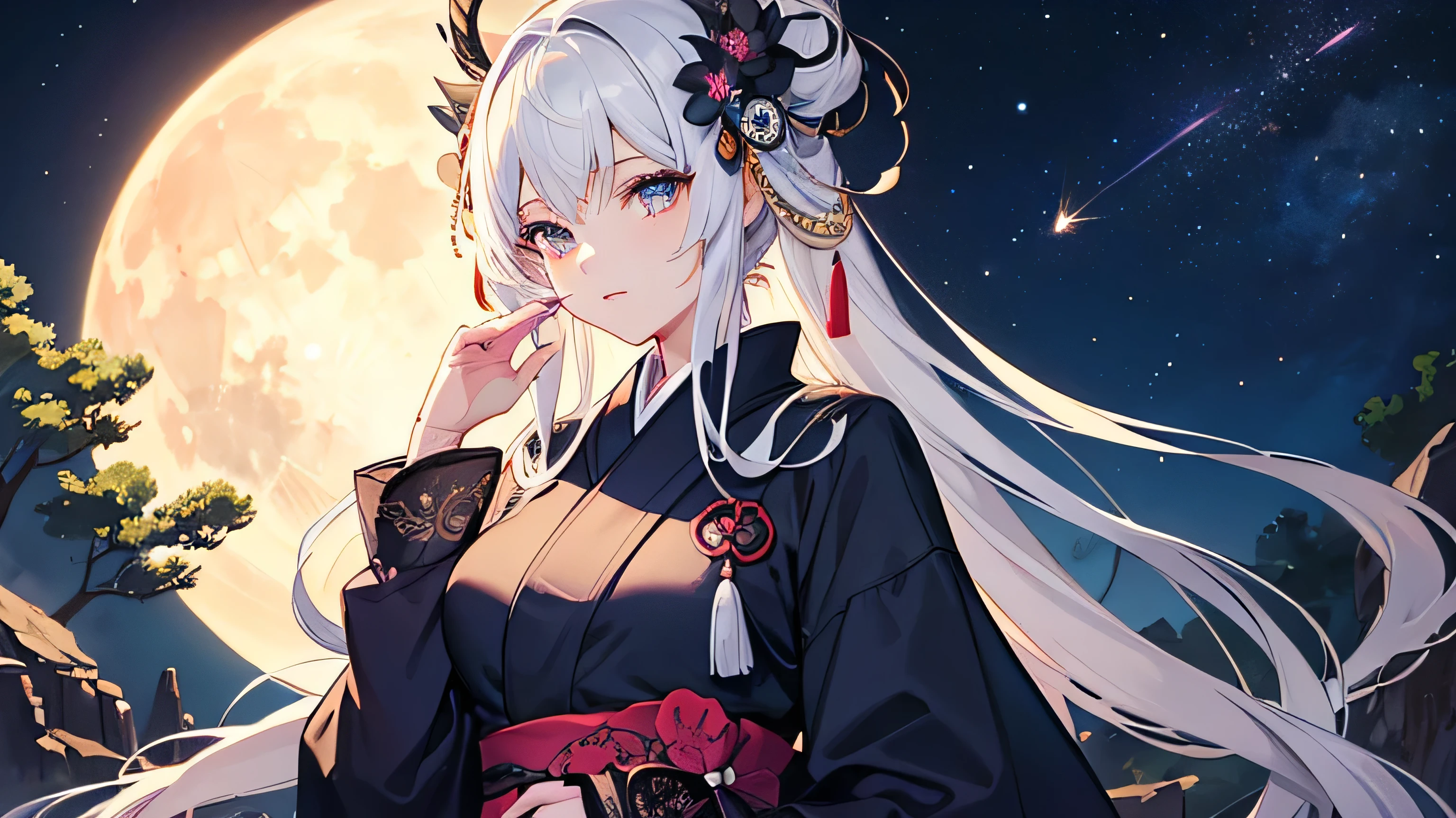 Ink painting:1.4,masterpiece,highest quality,((Super Detailed Woman1)),Super detailed face,yukata,Sitting,Night Sky,moon,Fantasy,Calm,nebula,(Close-up)