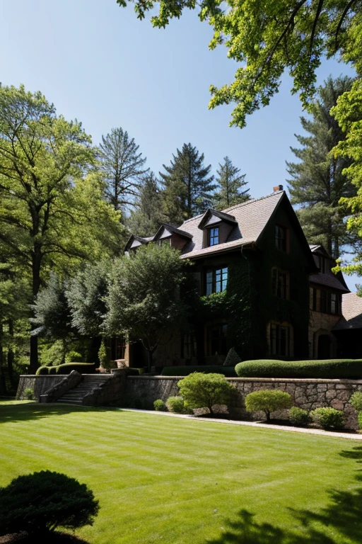 A big stone house with a large garden. There are colorful pine trees in the garden. The walls of the garden are very big. From a distance the house looks like a castle, but up close it looks like a mansion. It has a black-rimmed window and red curtains. The walls of the house are made of black stones. A majestic tree with a big trunk comes out of the house, pierces the roof and rises into the sky. The house is in a wooded area.Let it be a visual drawing.