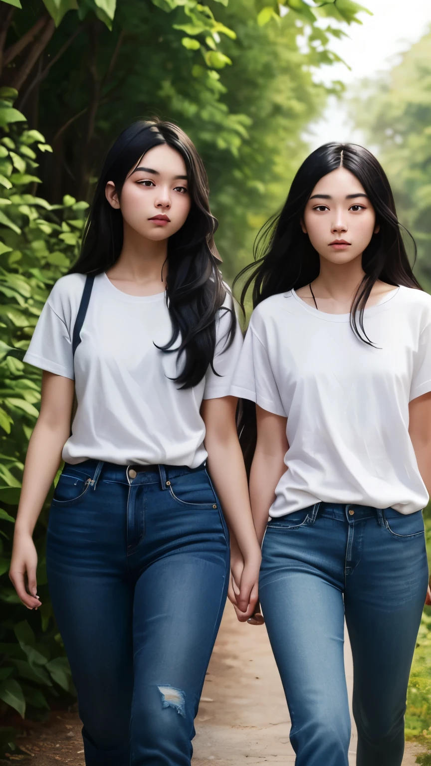 ((best quality)), ((masterpiece)), (detailed), A digital illustration of two teenage girls with long black hair wearing plain white t-shirt and blue jeans walking surrounded by bushes. They both have a nervous expression on their faces.