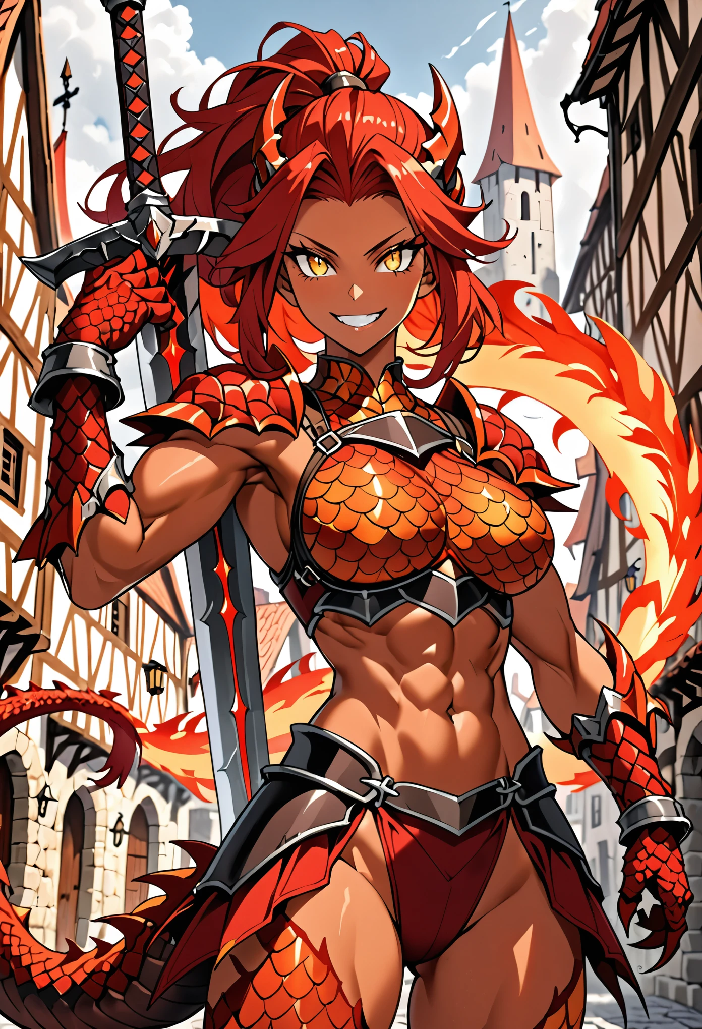 solo, female, sfw, close up, very tall, fit, abs, muscular, thin waist, tan, long auburn hair, scars, ponytail, big hair, wild hair, yellow eyes, slit pupils, red dragon tail, red head fins, red scales on arms, scale hands:1.3, dragon claw hands, day, wild smile, bastard sword, red scale armor, huge sword, very large breasts, medieval town, confident, abs, fire tail