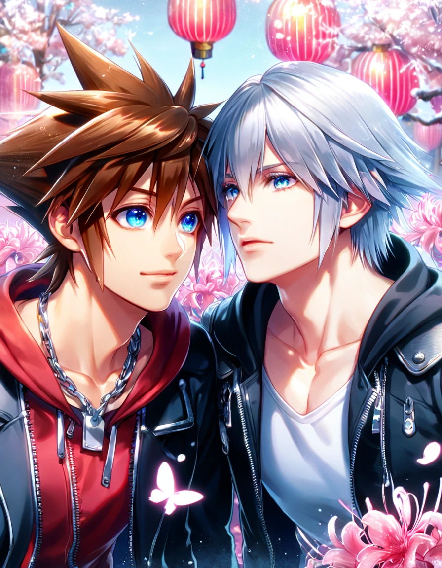 absurd resolution, high resolution, ultra detailed, detailed eyes, extremely detailed, HDR, 8K, Sora, brown hair, expressive blue eyes, Kingdom Hearts 3, Riku, gray hair, expressive blue eyes, two sexy men together, yaoi, gay couple, handsome, black coat, black jacket, fantasy, cool, magical, pink glittering butterflies, pink dust flying around, pink spider lilies, pink petals, pink lanterns, icy, cold, pink blossoms
