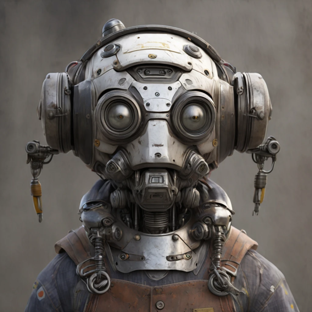 worn farmer humanoid robot with metal beard