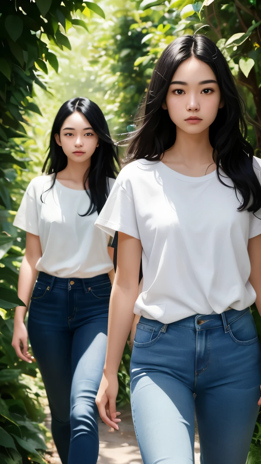 ((best quality)), ((masterpiece)), (detailed), A digital illustration of two teenage girls with long black hair wearing plain white t-shirt and blue jeans walking surrounded by bushes. They both have a nervous expression on their faces.
