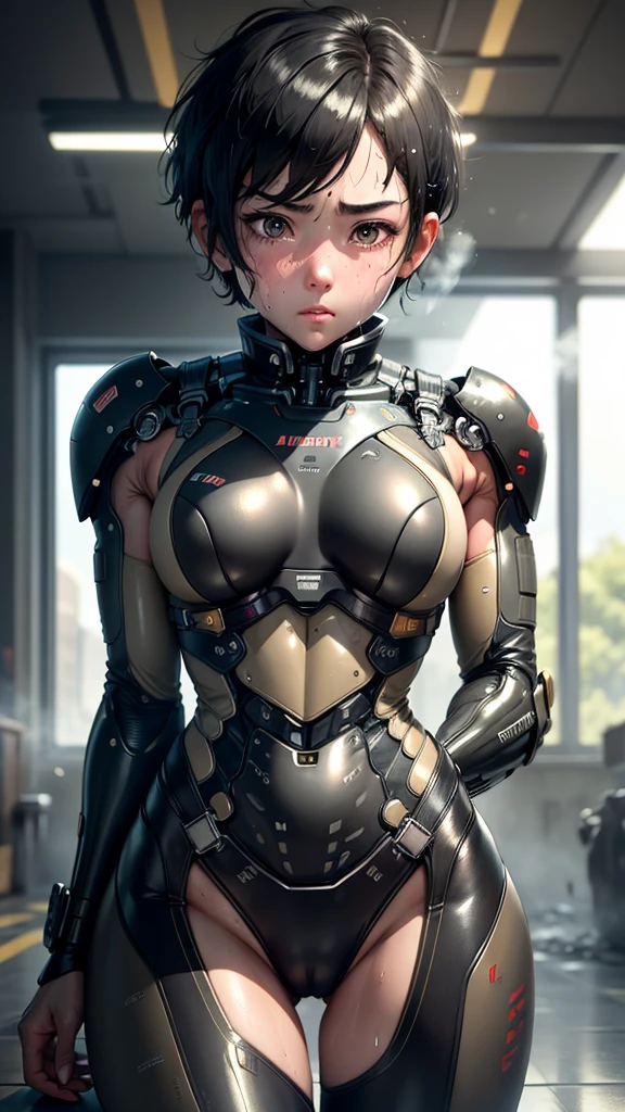 Highest quality　8k Cyborg Suit Girl　Elementary school girl　Sweaty face　cute　Boyish short hair　Very short hair　Steam coming out of my head　My hair is wet with sweat　Black Hair　Broken and unable to move　　Lying down　Soaked Face　My crotch is wet