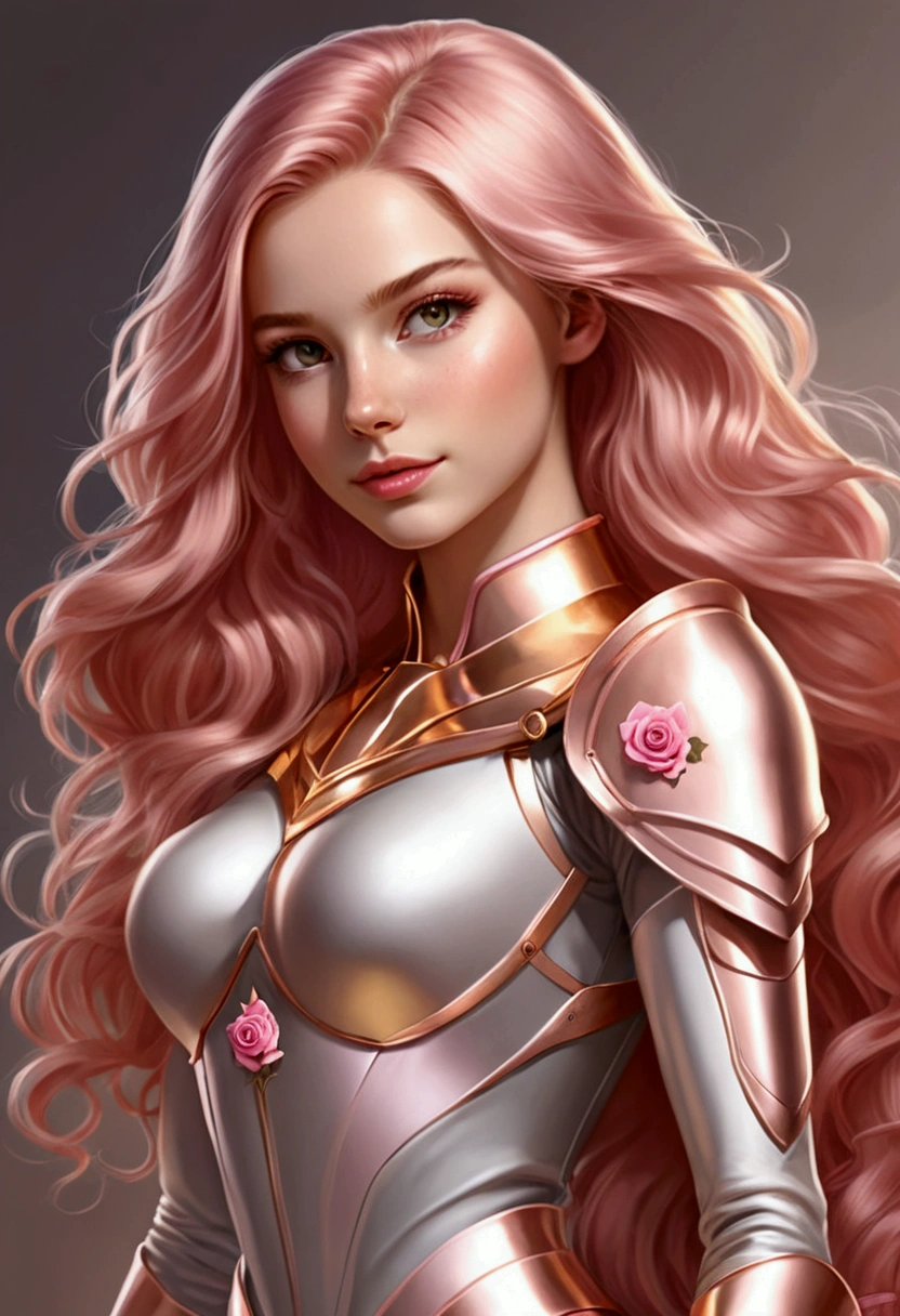 Adorable and innocent face, fair skin, (long and wavy rose gold hair), rose gold eyes, slender European young woman, pink gold rose gold color paladin themed outfit, anatomically correct, realistic proportions, Realistic Photo