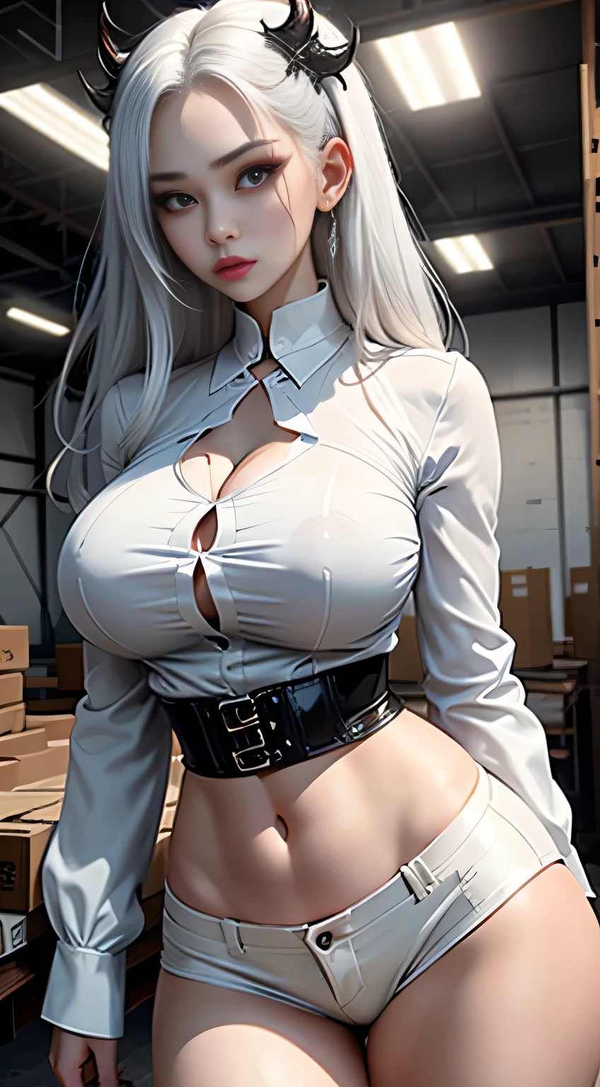 sfw, dim lit warehouse, pale skin demon woman, wearing white blouse and black shorts, evil seductive vibe, white hair, ((skinny waist)), young asian girl, ((big breasted)),