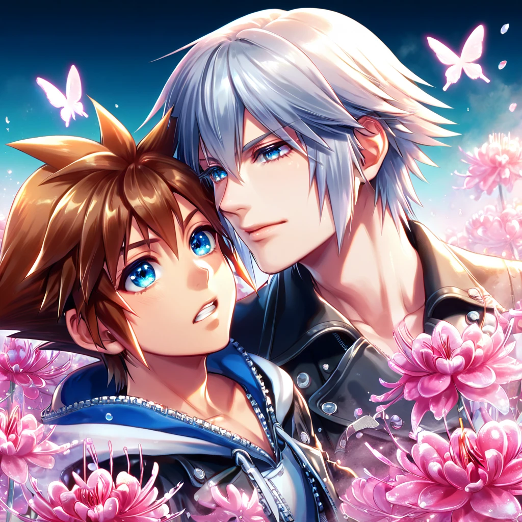 absurd resolution, high resolution, ultra detailed, detailed eyes, extremely detailed, HDR, 8K, Sora, brown hair, expressive blue eyes, Kingdom Hearts 3, Riku, gray hair, expressive blue eyes, two sexy men together, yaoi, gay couple, handsome, black coat, black jacket, fantasy, cool, magical, pink glittering butterflies, pink dust flying around, pink spider lilies, pink petals, pink lanterns, icy, cold, pink blossoms