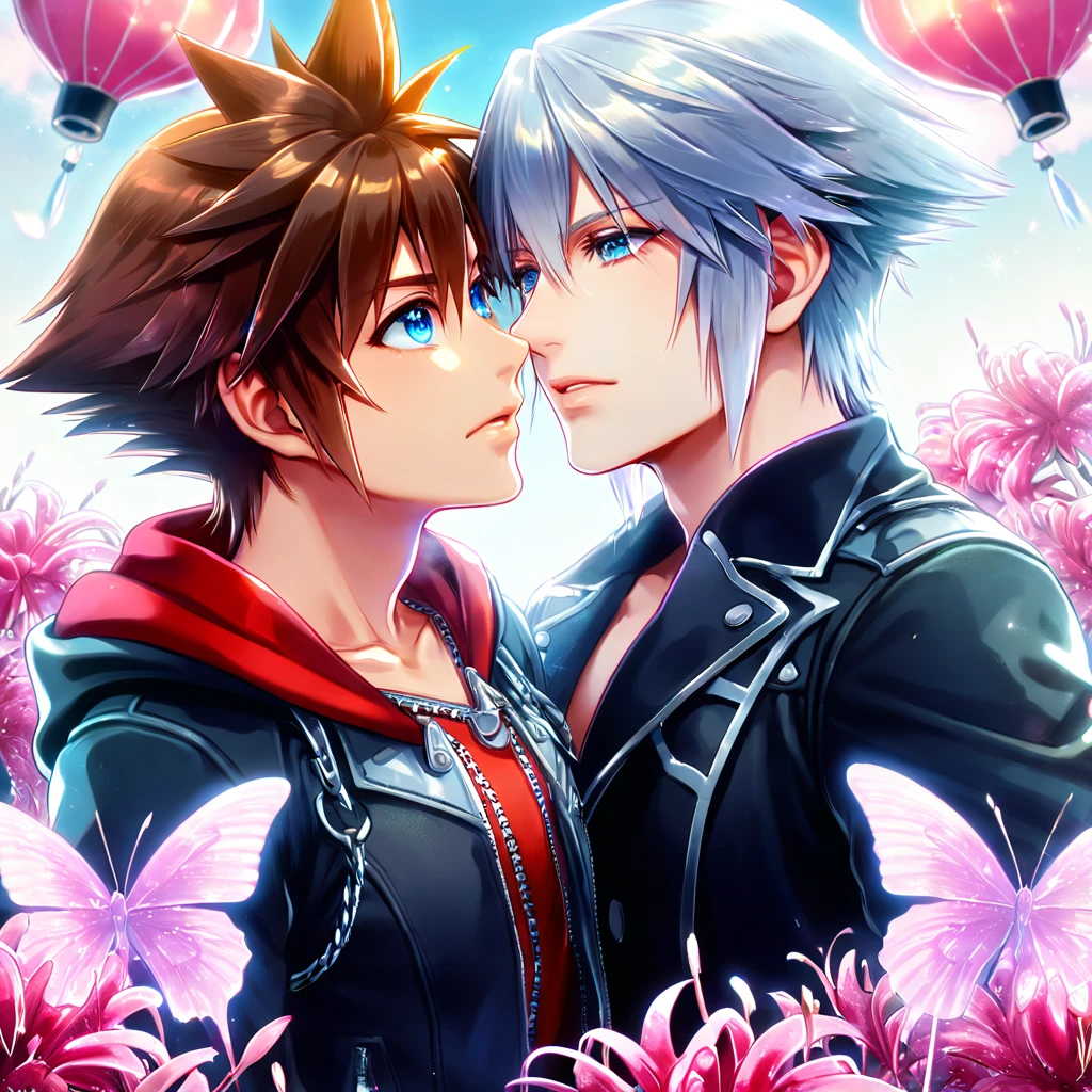 absurd resolution, high resolution, ultra detailed, detailed eyes, extremely detailed, HDR, 8K, Sora, brown hair, expressive blue eyes, Kingdom Hearts 3, Riku, gray hair, expressive blue eyes, two sexy men together, yaoi, gay couple, handsome, black coat, black jacket, fantasy, cool, magical, pink glittering butterflies, pink dust flying around, pink spider lilies, pink petals, pink lanterns, icy, cold, pink blossoms