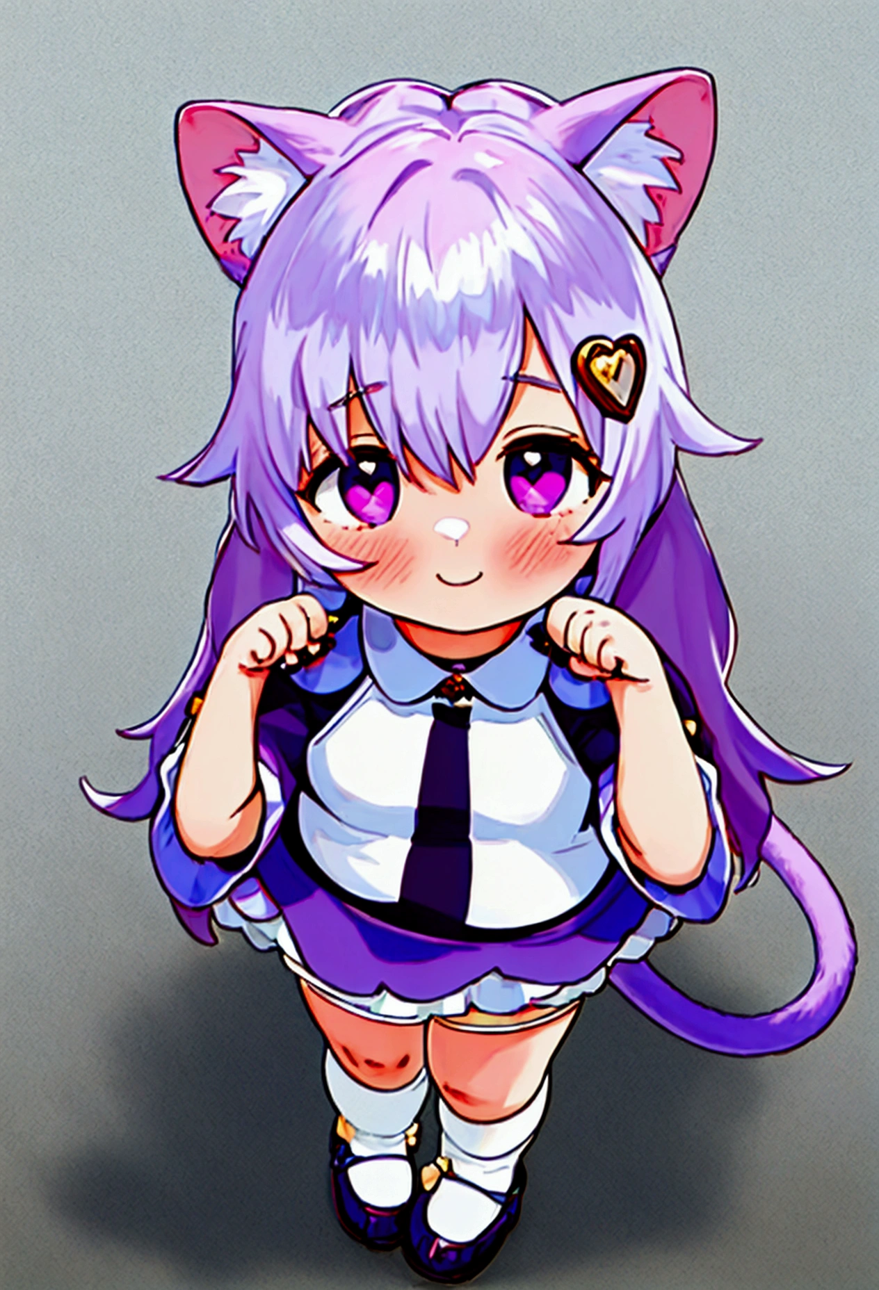 pretty girl, , purple eye color, (with a heart in the center of his eyes),  A pretty smile, ashamed, ashamed, White clothes, mini skirt, hands up, low neckline, white panties, cat ears, white socks, torn midsection, ashamed, ashamed, 