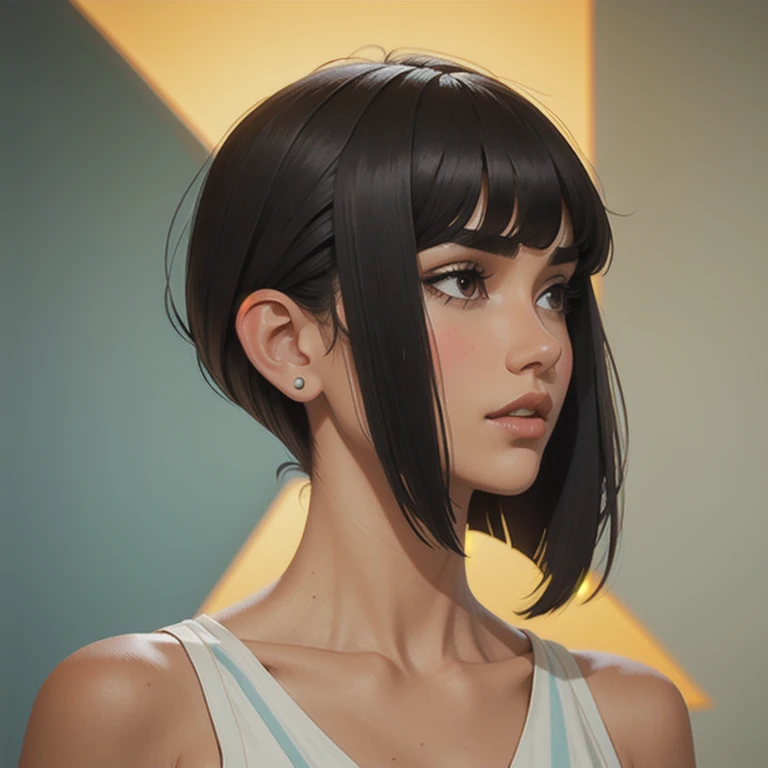 beautiful girl with straight front bangs covering her forehead to her eyebrows, Long Side Bangs with locks of hair on the sides of the face are longer reaching below the chin or shoulders. Short Back with Exposed Nape: Behind the ears, the hair is cut short, exposing the back of the neck.. Well-defined cut at the back of the neck: The neck is well cut and defined, with a precise finish
