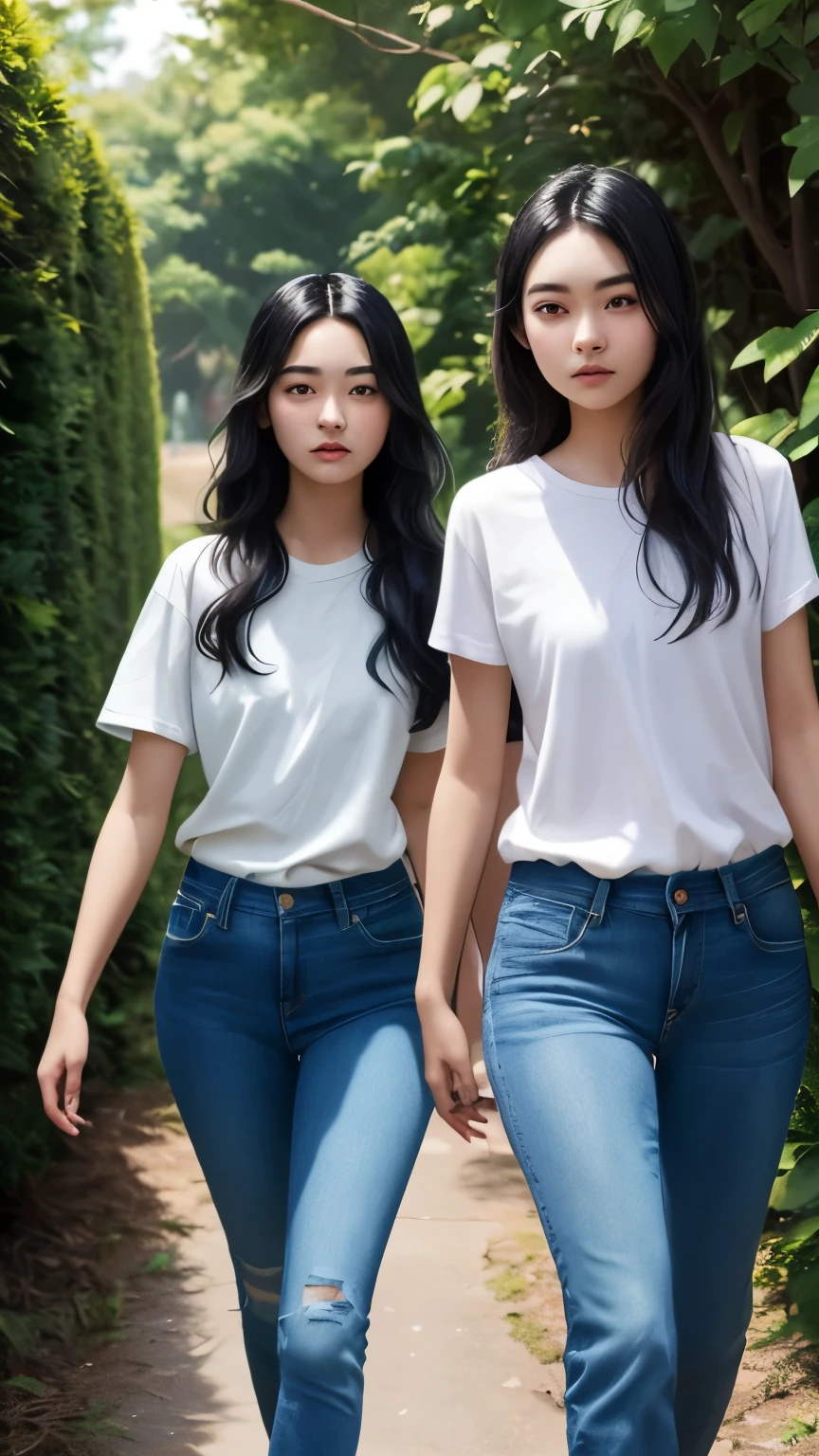 ((best quality)), ((masterpiece)), (detailed), A digital illustration of two age girls with long black hair wearing plain white t-shirt and blue jeans walking surrounded by bushes. They both have a nervous expression on their faces.