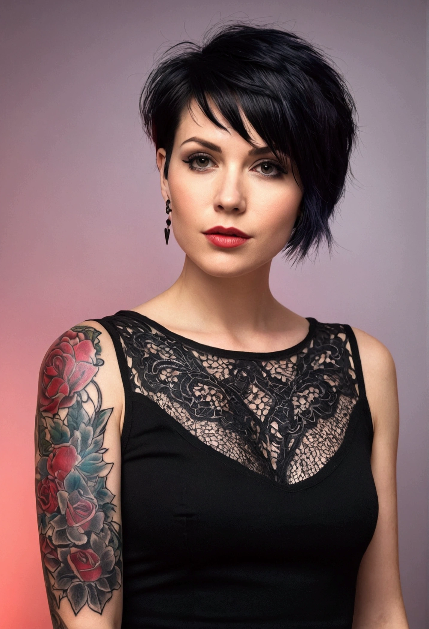32 year old with tattoo : 1.3, really short hair: 1.2, romantic clothes: 1.2, the night: 1.2, red lighting, ultra HD, precise, super verbose, texturized skin, high détail, best quality, 8k. Background with gothic details