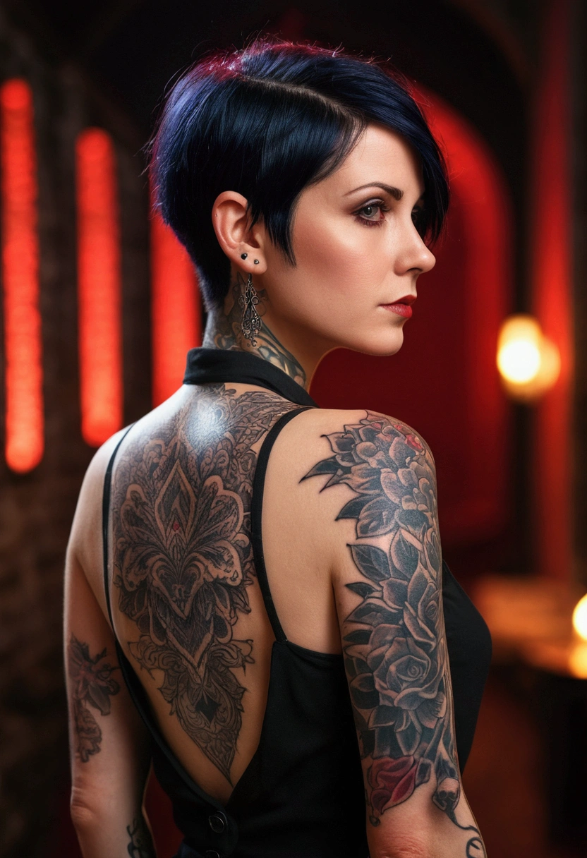 32 year old with tattoo : 1.3, really short hair: 1.2, romantic clothes: 1.2, the night: 1.2, red lighting, ultra HD, precise, super verbose, texturized skin, high détail, best quality, 8k. Background with gothic details
