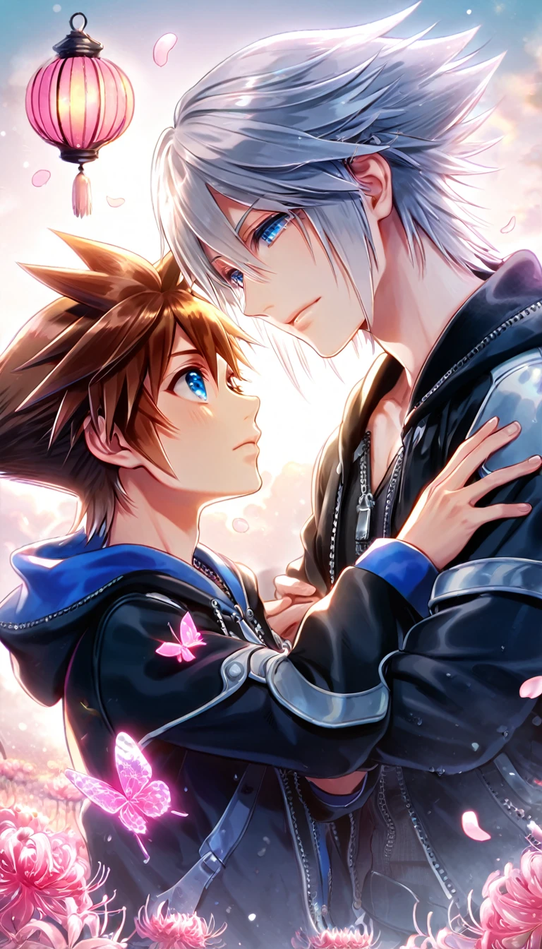 absurd resolution, high resolution, ultra detailed, detailed eyes, extremely detailed, HDR, 8K, Sora, brown hair, expressive blue eyes, Kingdom Hearts 3, Riku, gray hair, expressive blue eyes, two sexy men together, yaoi, gay couple, handsome, black coat, black jacket, fantasy, cool, magical, pink glittering butterflies, pink dust flying around, pink spider lilies, pink petals, pink lanterns, icy, cold, pink blossoms