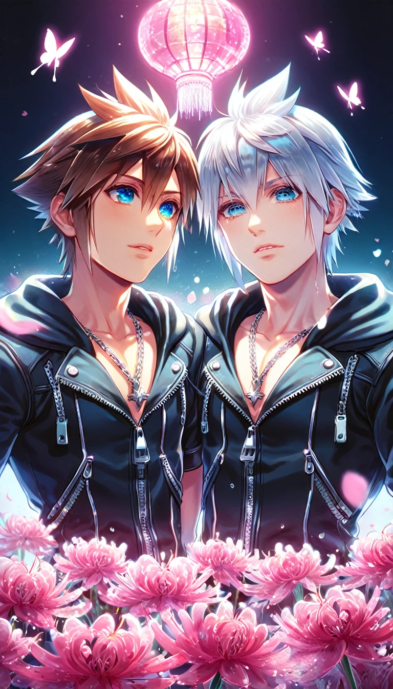 absurd resolution, high resolution, ultra detailed, detailed eyes, extremely detailed, HDR, 8K, Sora, brown hair, expressive blue eyes, Kingdom Hearts 3, Riku, gray hair, expressive blue eyes, two sexy men together, yaoi, gay couple, handsome, black coat, black jacket, fantasy, cool, magical, pink glittering butterflies, pink dust flying around, pink spider lilies, pink petals, pink lanterns, icy, cold, pink blossoms
