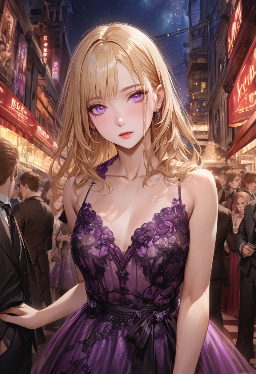 Boy with blonde hair and violet eyes wearing a loose elegant collarless outfit of black lace is bright purple is transparent with violet and red stones at night at the realistic premiere in real life