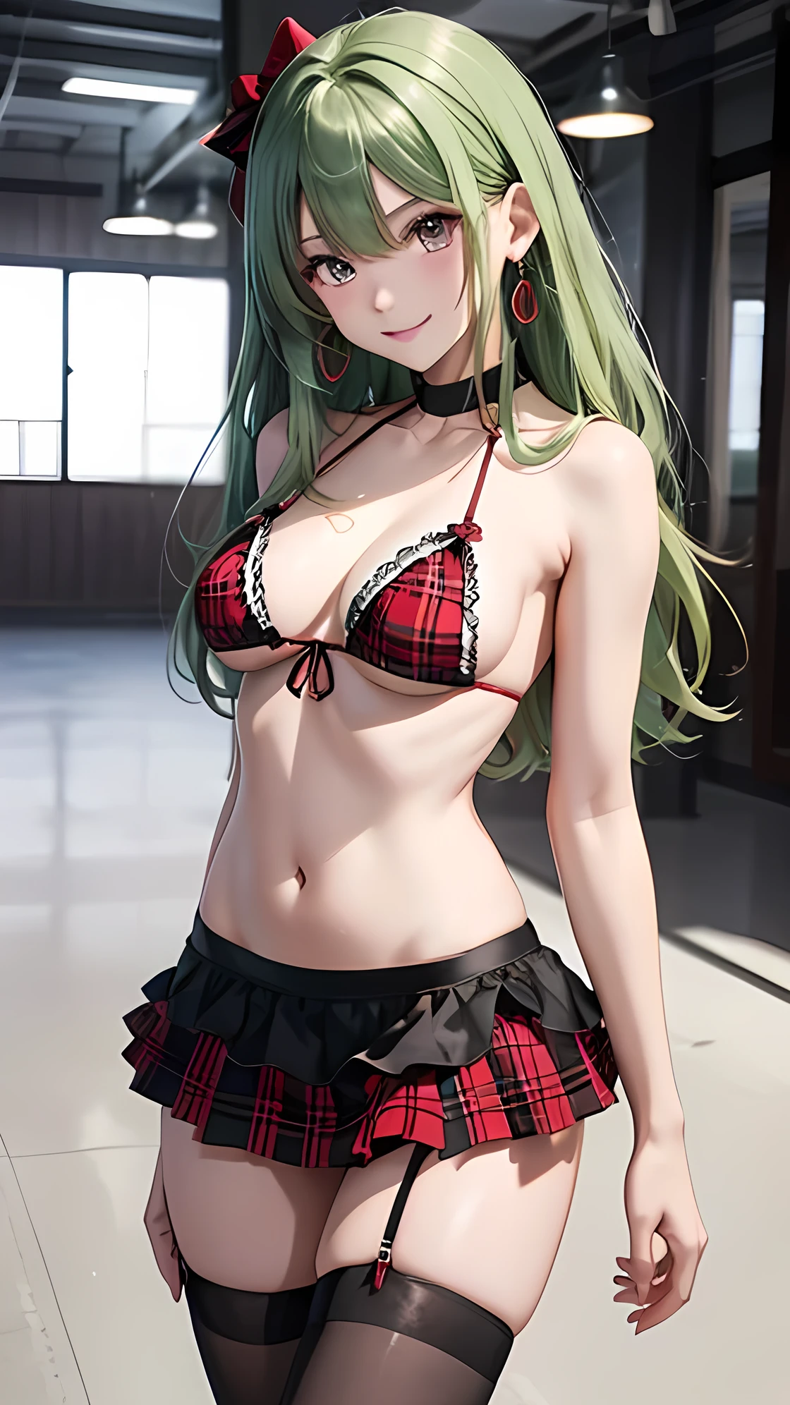 masterpiece,Ultra-high resolution、Highest quality、y pose、Green Hair、Long Hair:1.2, Pink Eyes, smile、Tilt your head、big gold earrings:1.5,、Small bree body is slim、Tight waist、Spread your legs,Cowboy Shot、Black and red tartan ruffle bikini、Red super mini bikini skirt、Black panties artly visible、Knee socks、Underwear Focus