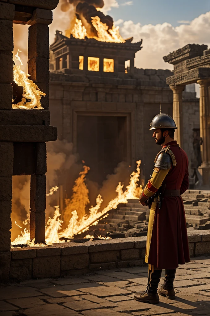 A Spanish soldier from the conquering era watching a burning temple while other soldiers tried to put out the flames.