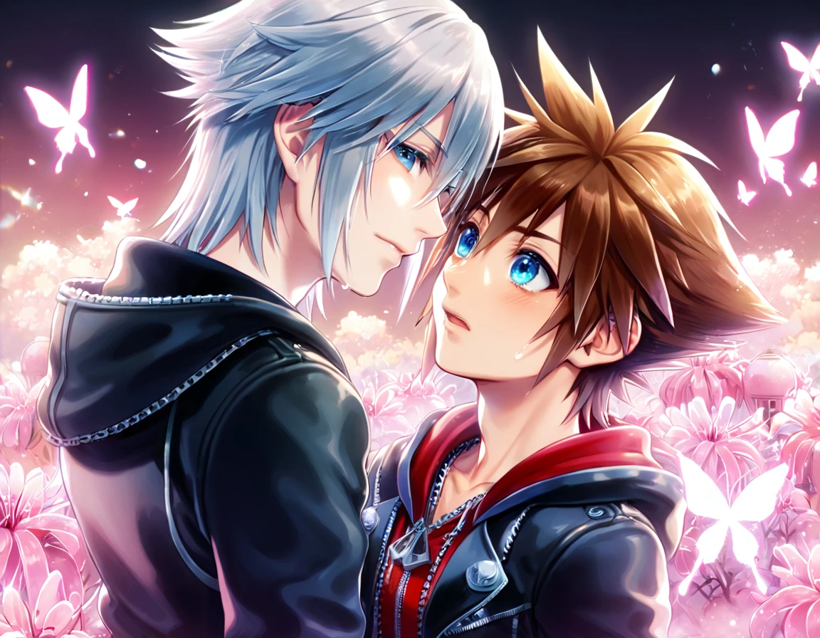 absurd resolution, high resolution, ultra detailed, detailed eyes, extremely detailed, HDR, 8K, Sora, brown hair, expressive blue eyes, Kingdom Hearts 3, Riku, gray hair, expressive blue eyes, two sexy men together, yaoi, gay couple, handsome, black coat, black jacket, fantasy, cool, magical, pink glittering butterflies, pink dust flying around, pink spider lilies, pink petals, pink lanterns, icy, cold, pink blossoms