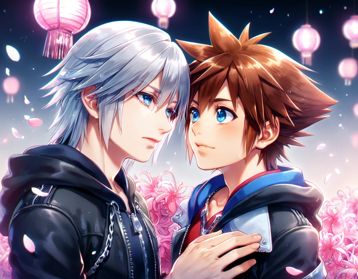 absurd resolution, high resolution, ultra detailed, detailed eyes, extremely detailed, HDR, 8K, Sora, brown hair, expressive blue eyes, Kingdom Hearts 3, Riku, gray hair, expressive blue eyes, two sexy men together, yaoi, gay couple, handsome, black coat, black jacket, fantasy, cool, magical, pink glittering butterflies, pink dust flying around, pink spider lilies, pink petals, pink lanterns, icy, cold, pink blossoms