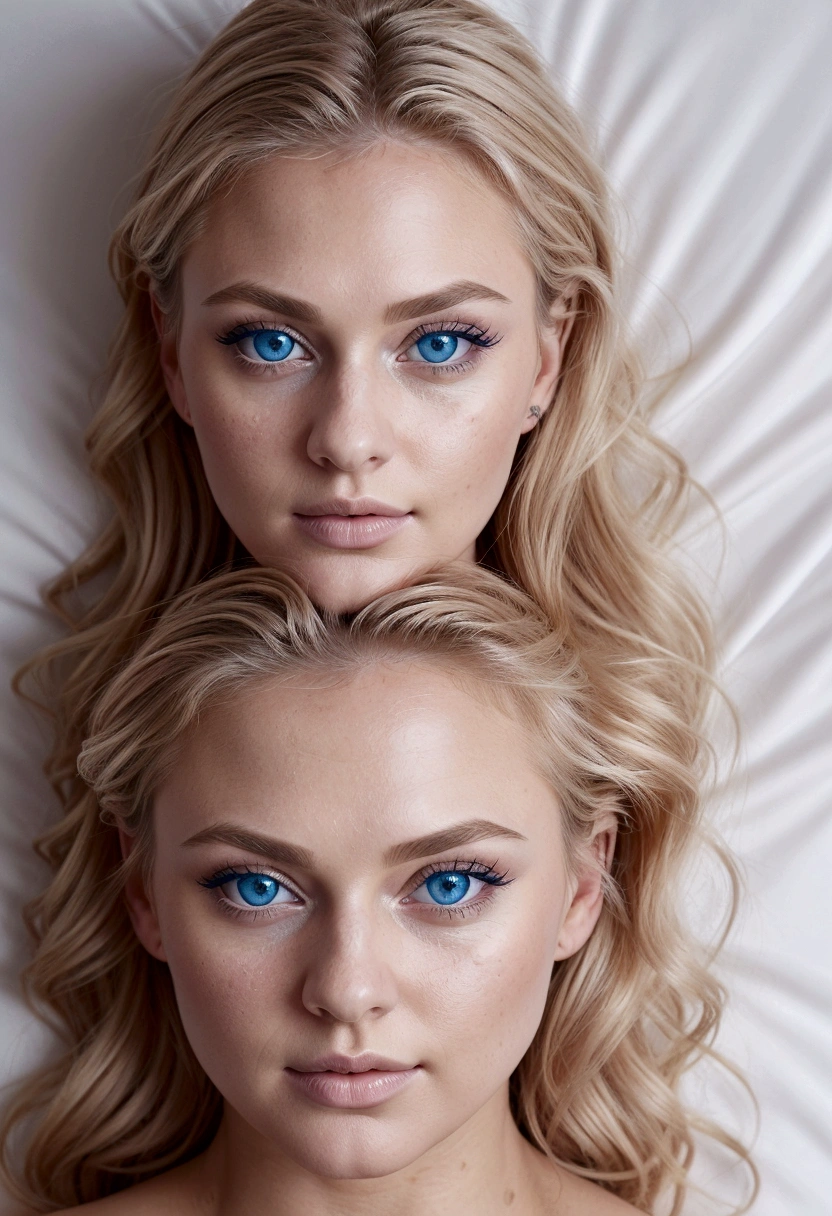woman fully , sexy girl with blue eyes, ultra realistic, meticulously detailed, blonde hair, selfie of a young woman, bedroom , natural makeup, sexy pink lingerie , looking directly at the camera, face with artgram, stunning full body .laying in bed large size bust; luxury room