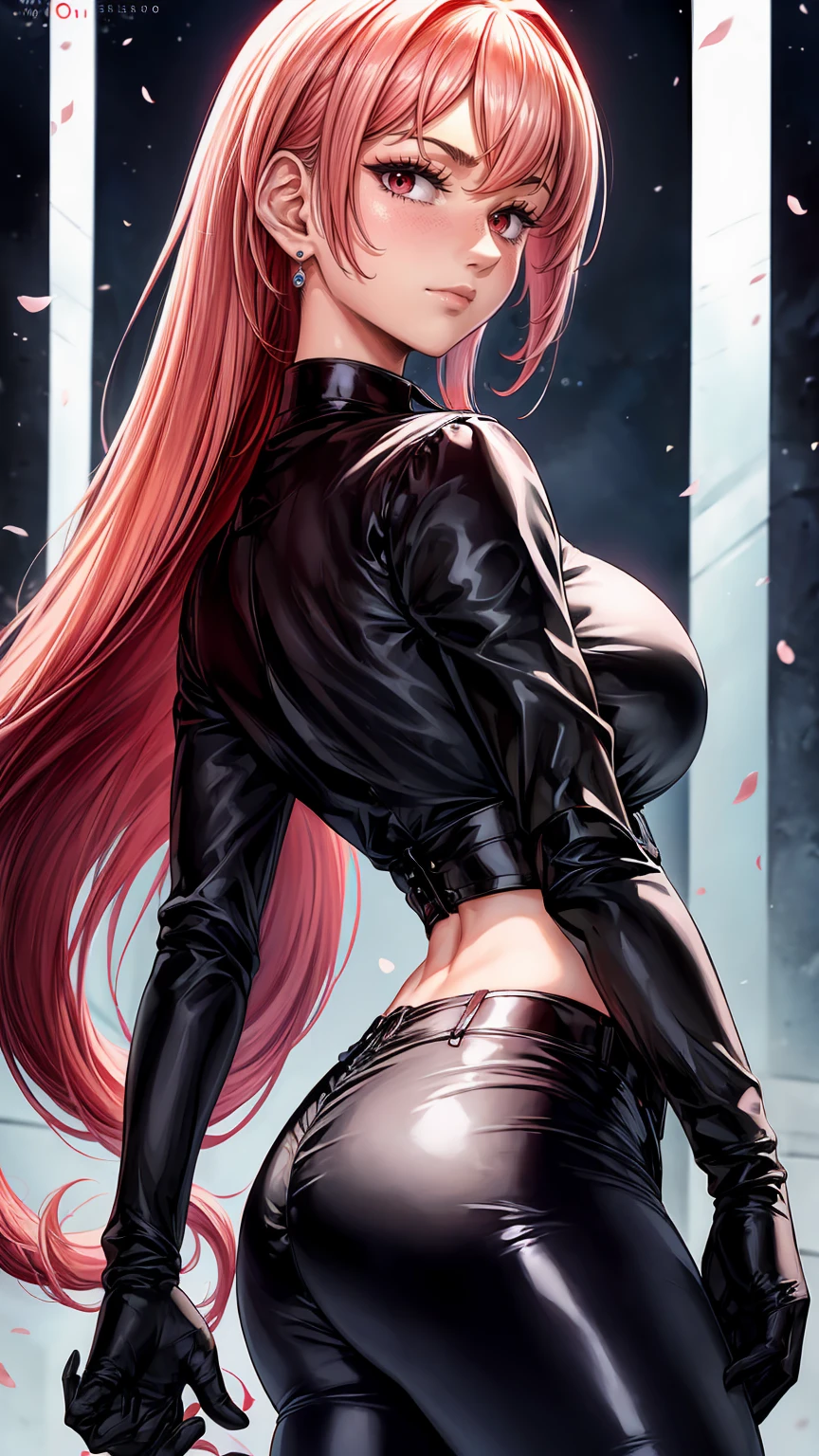 bright red eyes)beautiful, beautiful woman, perfect anatomy, perfect body, whole body, big breasts, choker:1.6, captivating look, slight smile, realism, from behind, facial focus,(looking at the viewer:1.2) Masterpiece, Rough skin, super detailed, high detail, high quality, 最high quality, 1080P, 16k, realist, 1 girl, (black fur:1.6, waist length hair), crop top, shiny black leggings, Chapped lips, blush, evening, sollight, (white long sleeve collared shirt:1.4), (shiny black boots), shy