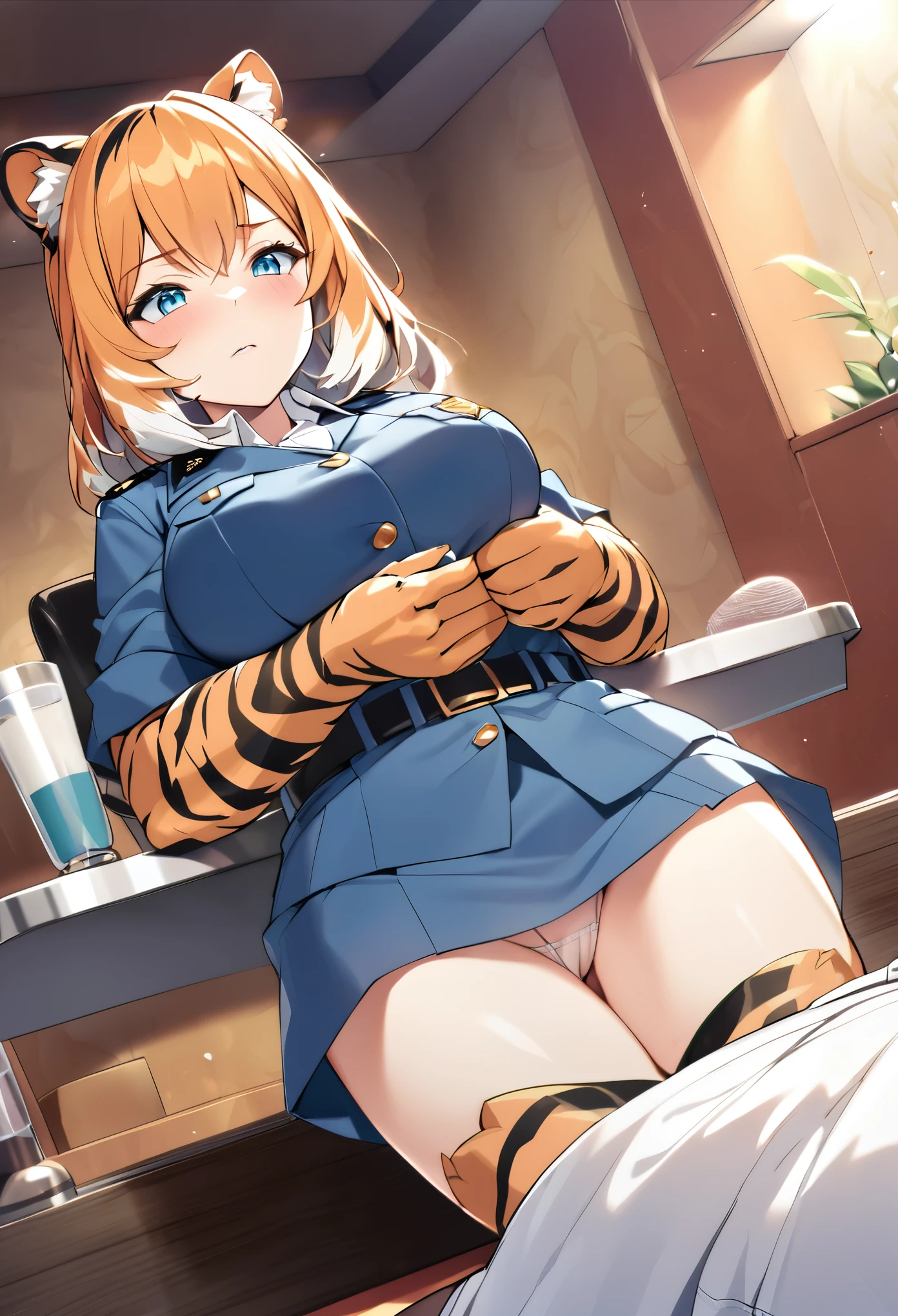 valerie, tiger girl, orange fur, tiger s, police uniform, blue jacket, sleeves rold up, no , upskirts, (matuger arms, legs, (24 years old), getting a massage, large breasts, in ge parlor, layi message table