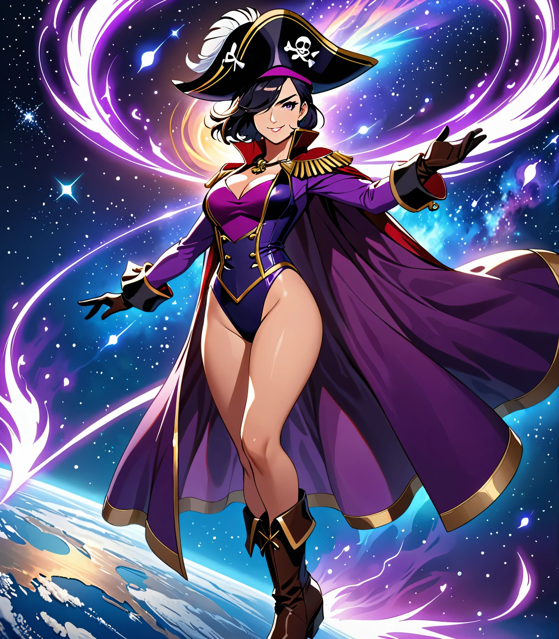 (masterpiece, best quality, high quality, highres:1.4), detailed, extremely detailed, ambient soft lighting, 4K, 1girl, (mature female), (short hair, black hair, hair over one eye:1.3), (purple eyes, confident smirk:1.2), medium breasts, (edgmousquetaire, costume, gloves, cape, boots, pirate, space pirate, matching boots, matching gloves, large hat, purple hat, feather on hat, wearing edgmousquetaire, leotard, purple leotard), confident pose, outer space backdrop, bare legs, (power, aura, purple aura), outstretched arm, casting a spell.