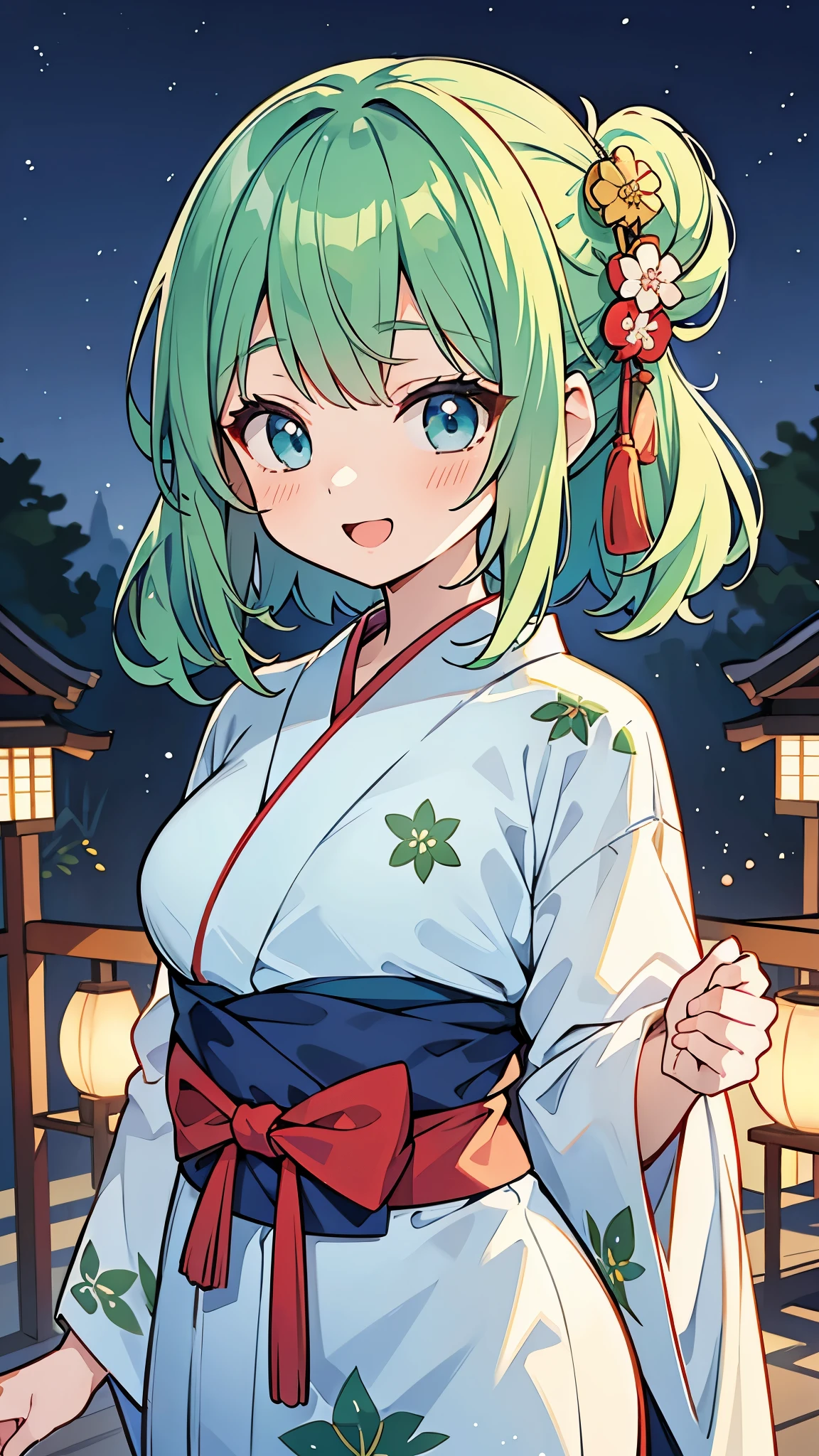 ((A Pretty girl with green hair and blue eyes)), ((wearing the Japanese yukata)), Baby face, ((top-quality, master piece, ultra-definition, high resolution)), anime girl, ((ultra-detailed illust:1.2)), only one person, bangs, hair between eye, beautiful hair, Beautiful eyes, medium breasts, Big smile, opened mouth, outdoor, night scape, fireworks in the background