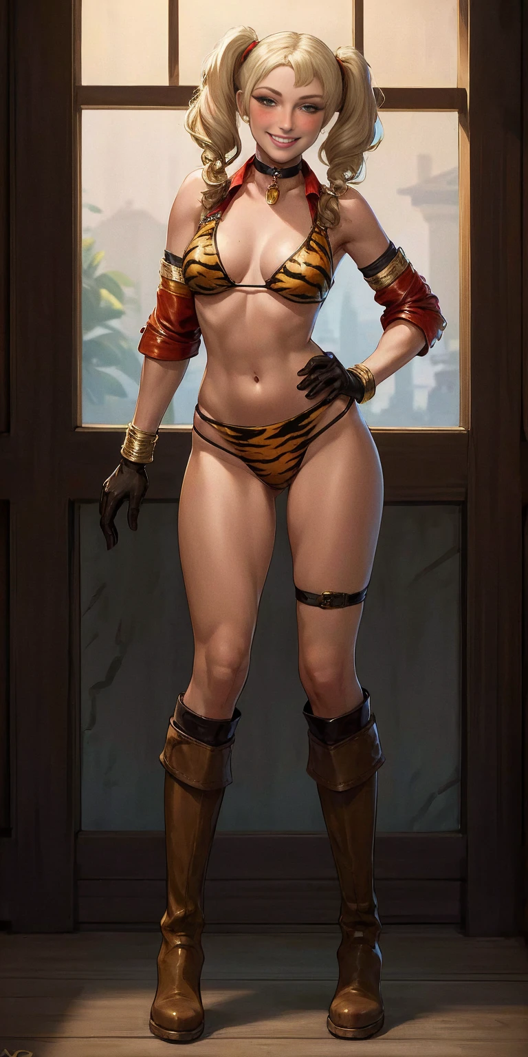 1girl, Forrest from Fire Emblem brown boots, brown gloves blonde twintails, full body, female BIMBO yellowish tiger print bikini, hands on waist, navel, lustful smirking smiling, smile face, red blushed, red cheeks, gold sleeveless armbands, black leather choker collar, sleeves bracelets wristband, leather corset
