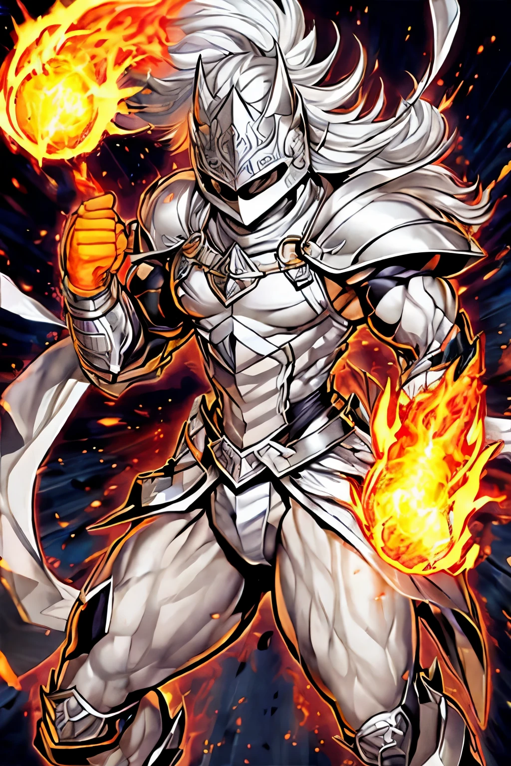 Silver male masked warrior overflowing fire power 