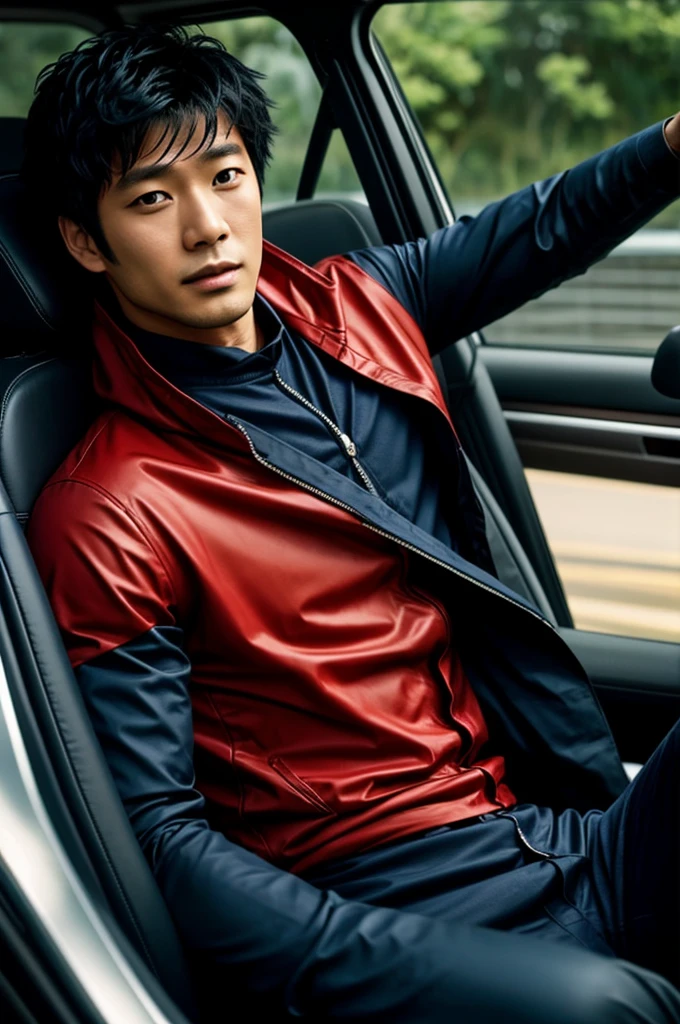Recreate the scene of Morisaki Taku from the anime Ocean waves when he is in the car with the red hood, humanized.