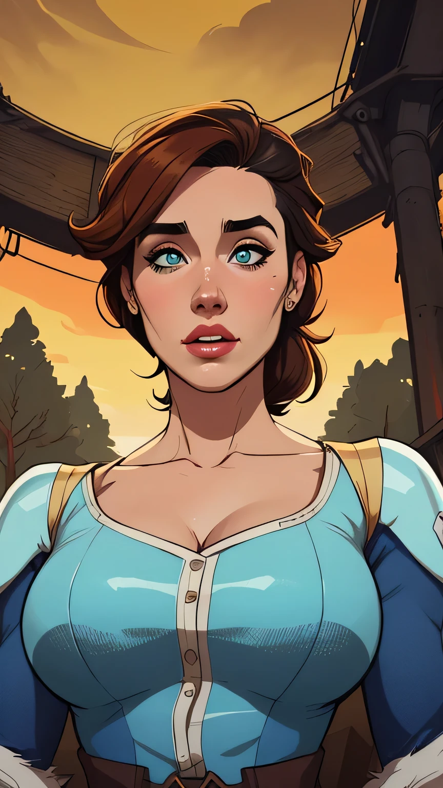 Fallout 4 atompunk style woman character Jennifer Connelly le with scars of war Cartoon image of a woman .Illustrates??cartoon style, cartoon art style, cartoon art style, digital illustration style, atompunk style highly detailed character design, courage detailed digital art, Forest fan art, Portrait Character Design, beautiful digital illustration, high-quality portrait, comic book art, young woman with beautiful hair . Queen Anna of ArendelleBeautiful lined eyes Medium large bust and wonderful sexy clothes. image expression of sexual desire from waist to head illustration Queen Anne of Arendelle atompunk style Fallout 4 The perspective is from below, emphasizing the majesty and power of the Giant."