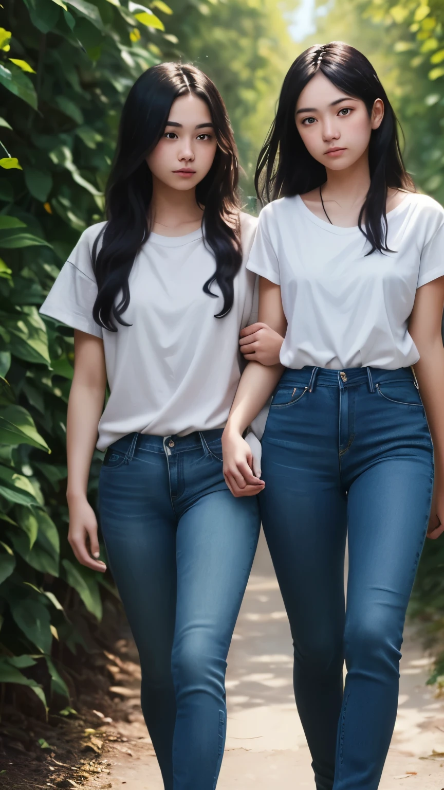 ((best quality)), ((masterpiece)), (detailed), A digital illustration of two teenage girls with long black hair wearing plain white t-shirt and blue jeans walking surrounded by bushes. They both have a nervous expression on their faces.