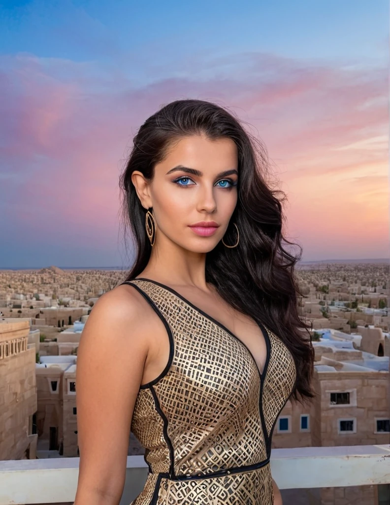 Cubist artwork of side light,dappled moonlight,blush, Mesmerizing beautiful faced girl,28yo,egyptdress,cyberpunk city,cityscape,looking at viewer,glass material,, epic shapes, abstract, innovative, revolutionary, blue eyes, sunset, stylized long shiny black hair, pink clouds at the horizon 