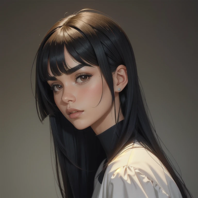 beautiful girl with straight front bangs covering her forehead to her eyebrows, Long Side Bangs with locks of hair on the sides of the face are longer reaching below the chin or shoulders. Short Back Part with Exposed Nape. Behind the ears the hair is short, exposing the back of the neck. Hair on the back of the neck is well cut and defined with a precise finish