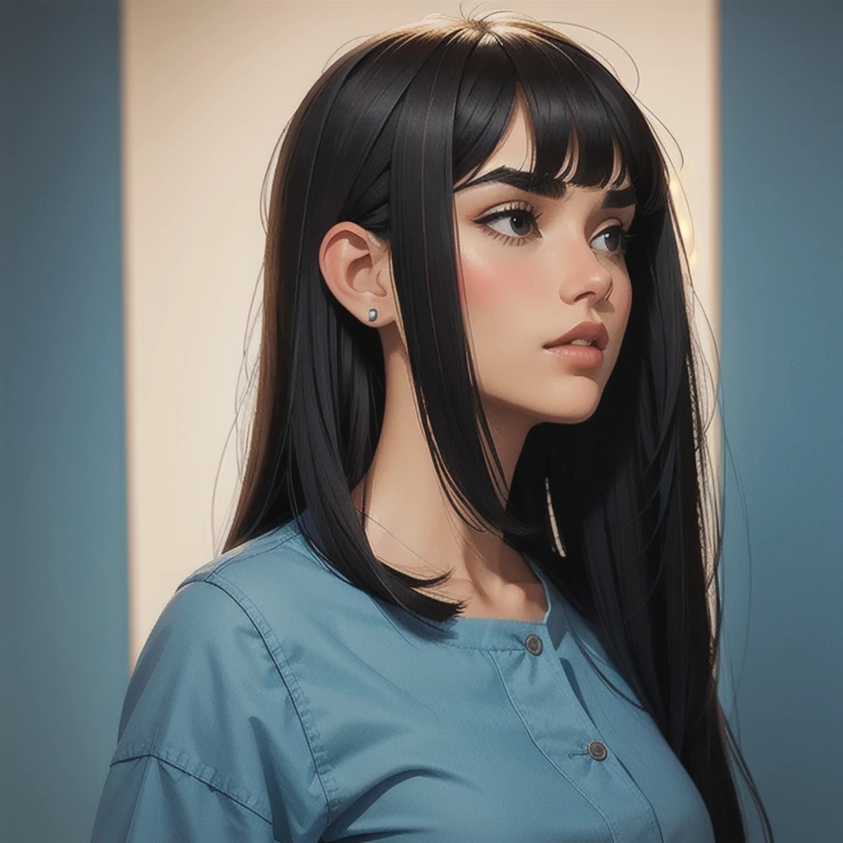 beautiful girl with straight front bangs covering her forehead to her eyebrows, Long Side Bangs with locks of hair on the sides of the face are longer reaching below the chin or shoulders. Short Back Part with Exposed Nape. Behind the ears the hair is short, exposing the back of the neck. Hair on the back of the neck is well cut and defined with a precise finish