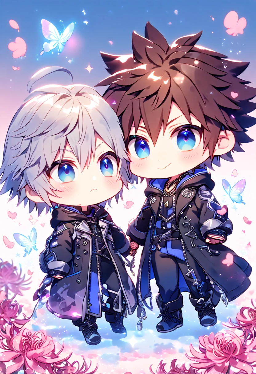 absurd resolution, high resolution, ultra detailed, detailed eyes, extremely detailed, HDR, 8K, Riku chibi, gray hair, expressive blue eyes, Kingdom Hearts 3, Sora chibi, brown hair, expressive blue eyes, two boys together, yaoi, gay couple, cute, black coat, black jacket, fantasy, cool, magical, pink glittering butterflies, pink dust flying around, pink spider lilies, pink petals, pink lanterns, icy, cold, pink blossoms