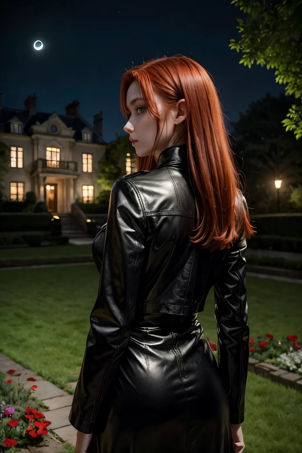 realistic, 1 girl, red hair, green eyes, black leather outfit, from behind, garden, flowers, mansion, night, moon
