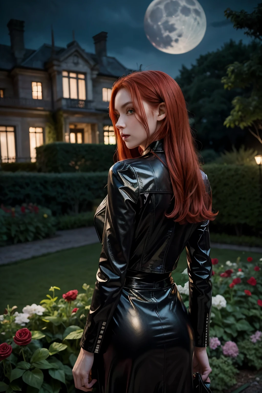 realistic, 1 girl, red hair, green eyes, black leather outfit, from behind, garden, flowers, mansion, night, moon