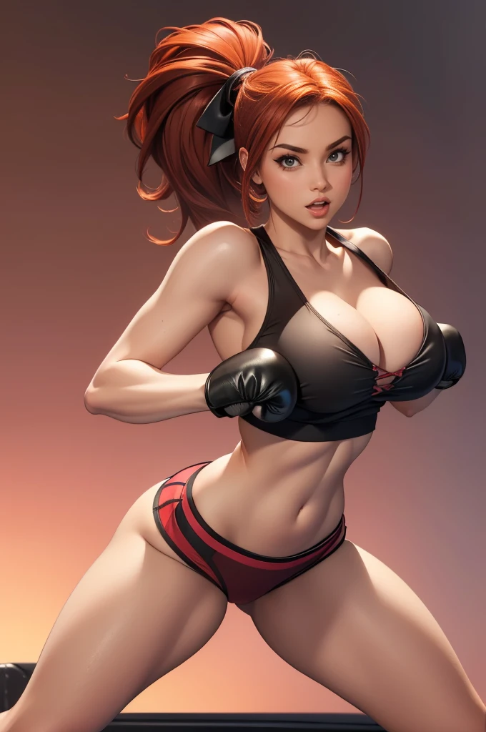 (masterpiece, best quality, ultra-detailed, ultra-HD, photorealistic, cinematic), (alluring female Irish boxer), perfect body, sexy body, wide hips, perfect face, perfect hands, (detailed pupils, brown eyes, nude pink lips, fluffy lips, slightly parted lips), (massive natural tits, large cleavage), (round ass), long round legs, (fiery red hair, sleek high ponytail), (wide shot, from the front:1.5), (wearing a form-fitting crop top with breathable mesh panels, and high-waisted shorts for ample coverage and unrestricted movement), (wearing durable lace-up boxing gloves:1.2), (gradient background:1.2), (sensual pose:1.2), (looking at the viewer), (on boxing stance:1.5)