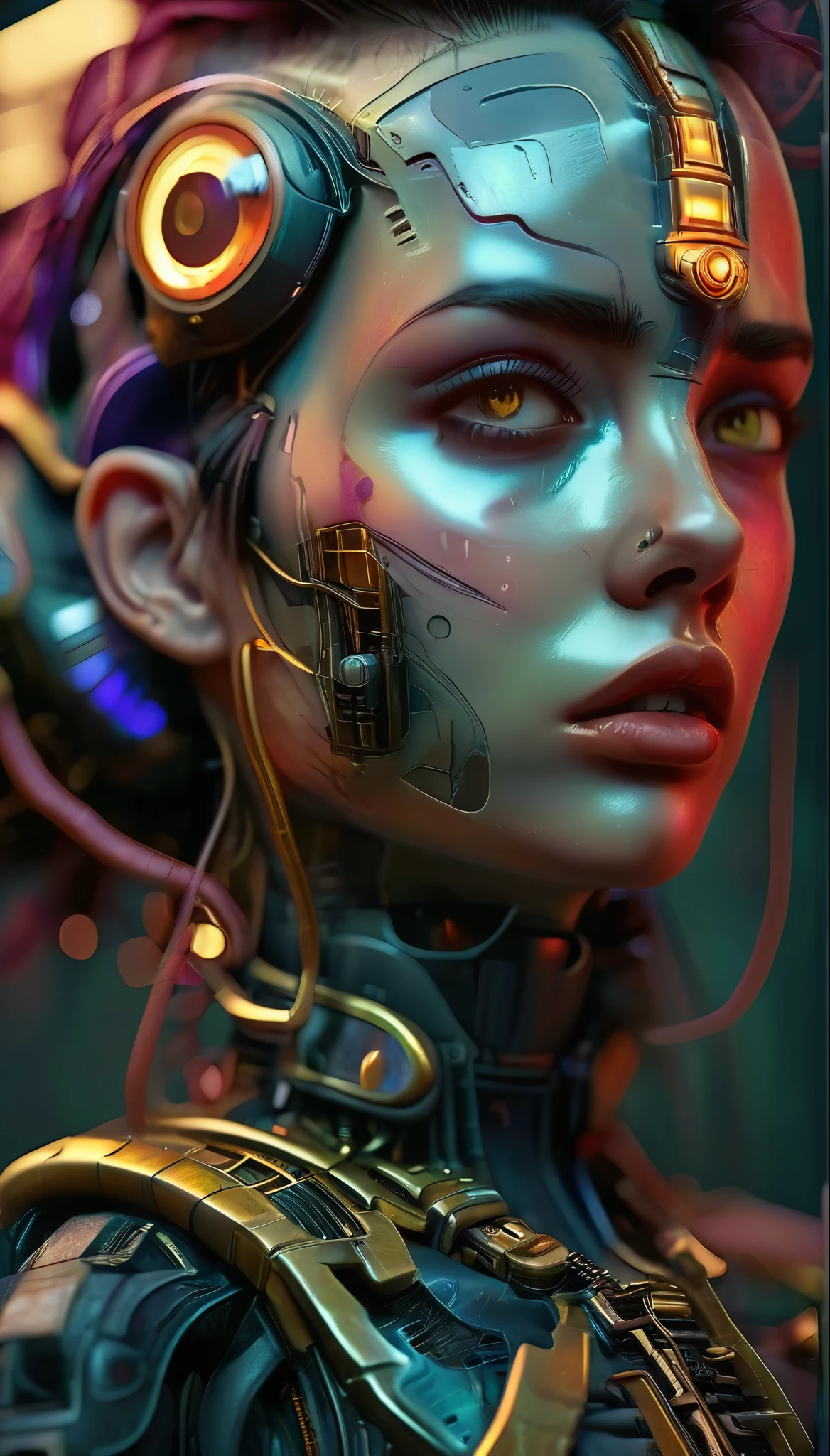 full body cyborg full body portrait detailed face symmetrical steampunk cyberpunk cyborg intricately detailed to scale Hyper realistic cinematic lighting digital art Concept art style mdjrny-v4, (best quality, 4k, 8K, high resolution, masterpiece: 1.2), ultra detailed, Sharp focus,(realistic,photorealistic,photo-realistic:1.37),very face detailed,extremely detailed facial features,hyper realistic skin texture,extremely fine details,intricate details, detailed eyes,detailed nose,detailed lips,detailed facial expressions,intricate facial anatomy,intense lighting, dramatic lighting, moody lighting, cinematic lighting, chiaroscuro lighting, dramatic shadows, dramatic moments, vivid colors, intense colors, deep contrast, cinematic depth of field, cinematic composition, angle of cinematographic camera, anatómicamente perfecto:1.5