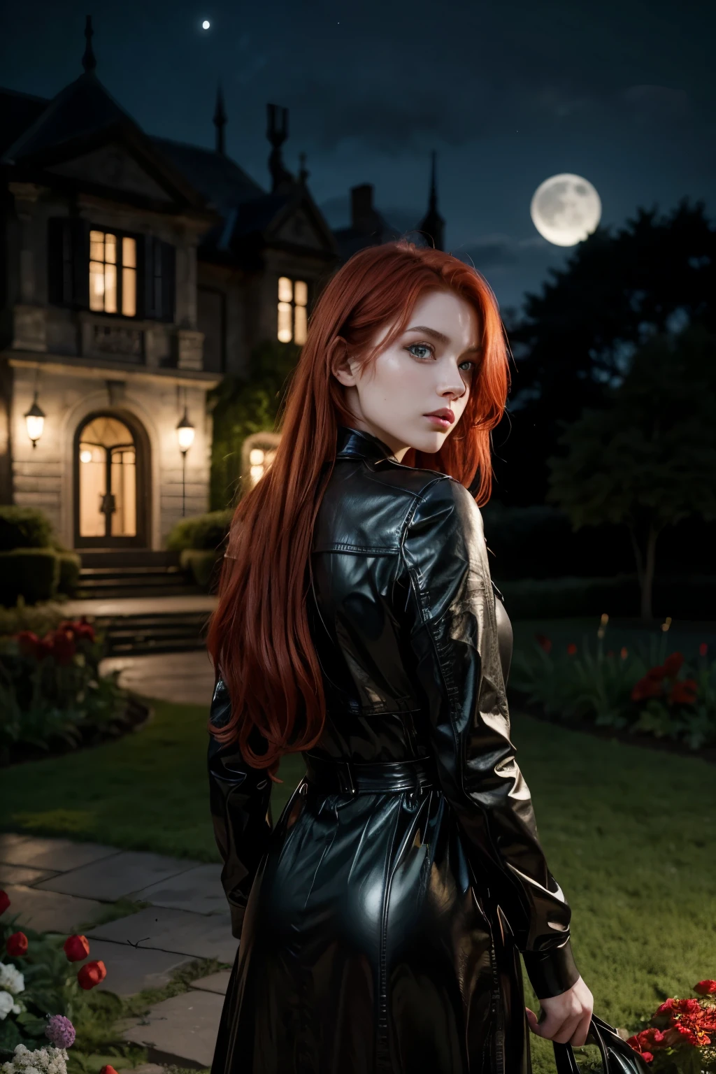 realistic, 1 girl, red hair, green eyes, black leather outfit, from behind, garden, flowers, mansion, night, moon