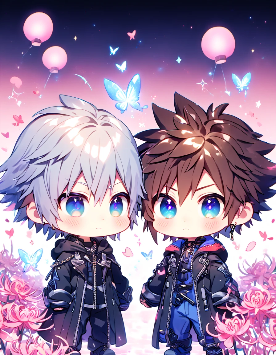 absurd resolution, high resolution, ultra detailed, detailed eyes, extremely detailed, HDR, 8K, Riku chibi, gray hair, expressive blue eyes, Kingdom Hearts 3, Sora chibi, brown hair, expressive blue eyes, two boys together, yaoi, gay couple, cute, black coat, black jacket, fantasy, cool, magical, pink glittering butterflies, pink dust flying around, pink spider lilies, pink petals, pink lanterns, icy, cold, pink blossoms