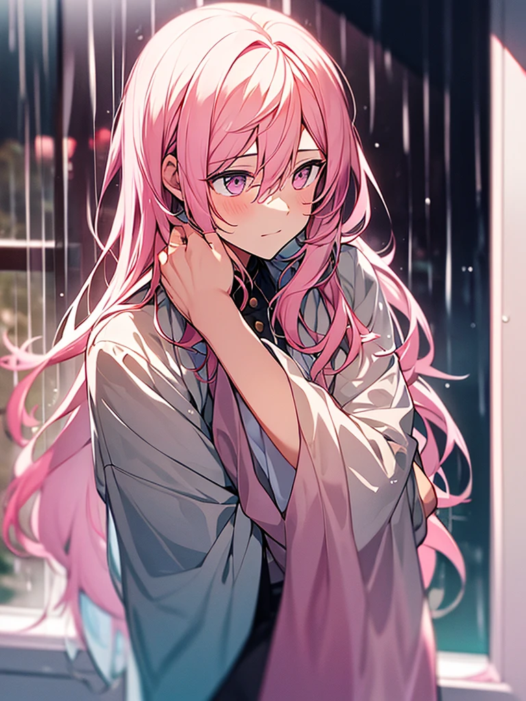 Effeminate boy with long light pink hair admiring the rain through the window