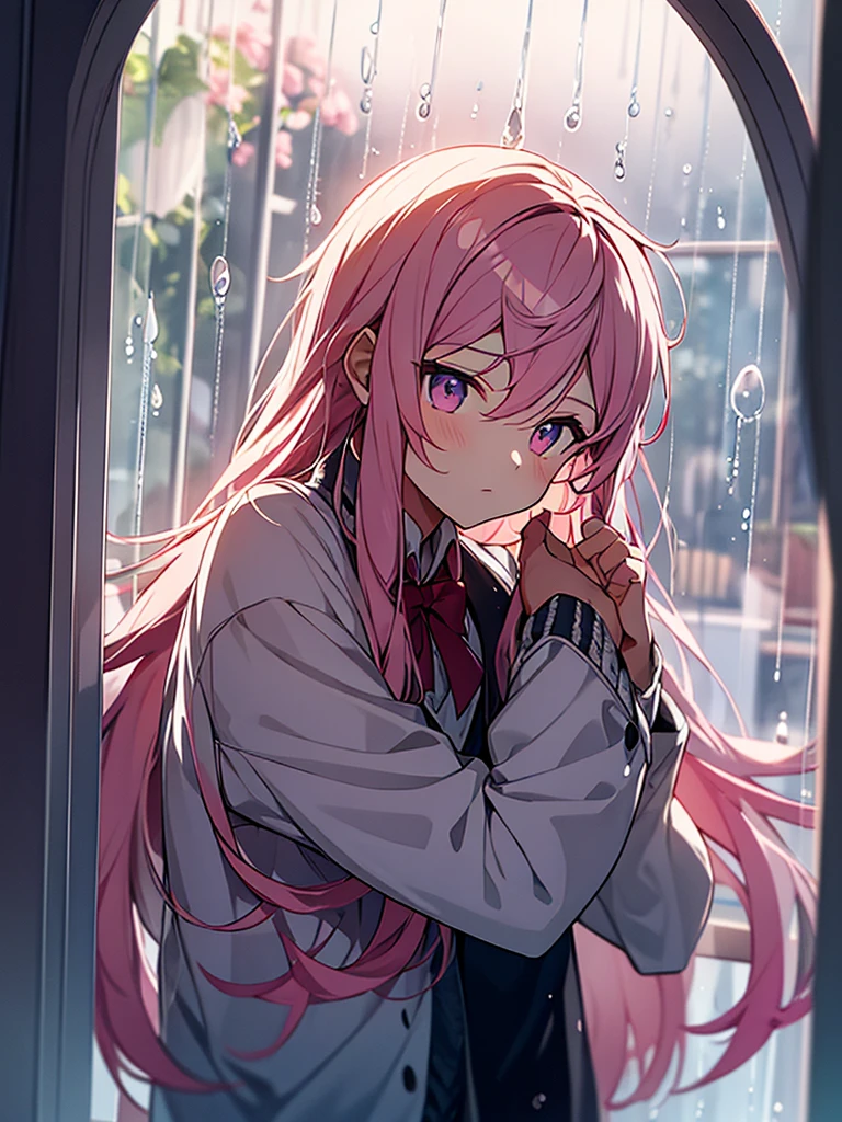 Effeminate boy with long light pink hair admiring the rain through the window