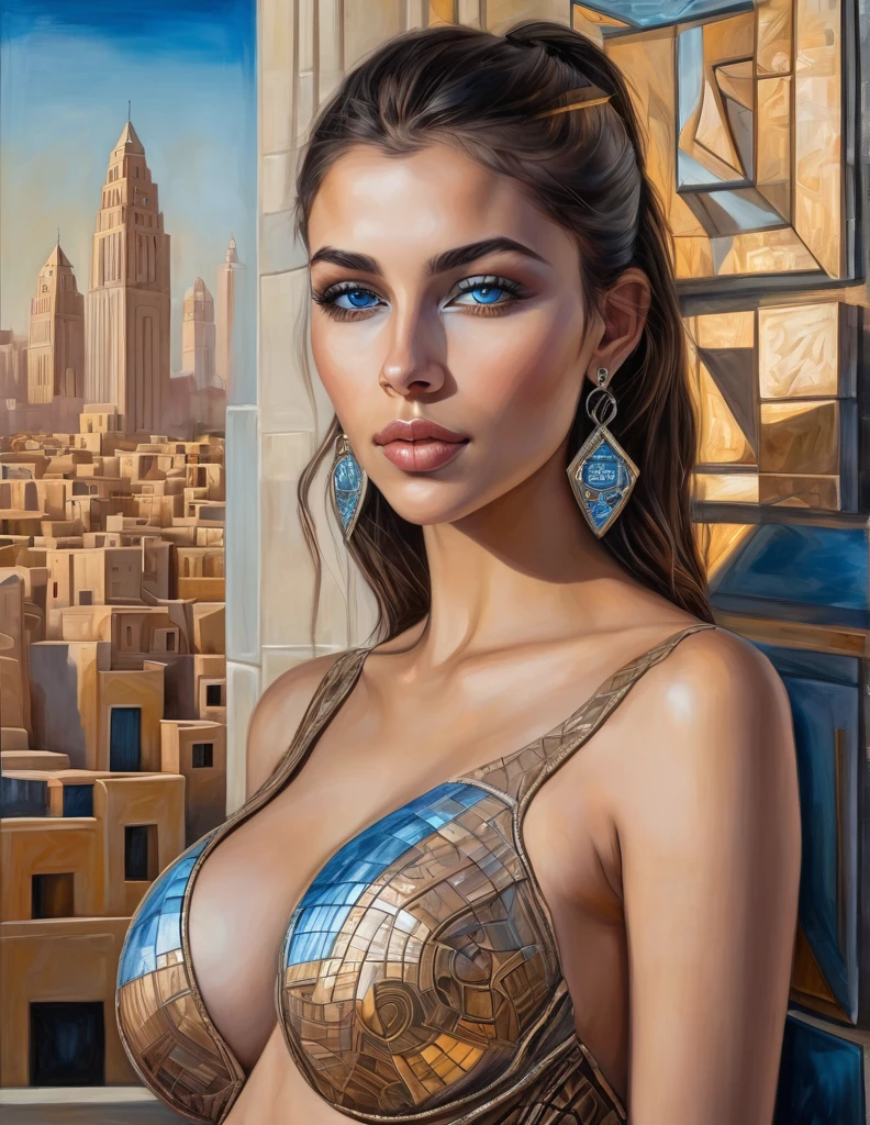 Cubist artwork of side light,dappled moonlight,blush, Mesmerizing beautiful faced girl,28yo,egyptdress,cyberpunk city,cityscape,nsfw,looking at viewer,glass material,, epic shapes, abstract, innovative, revolutionary, blue eyes, 