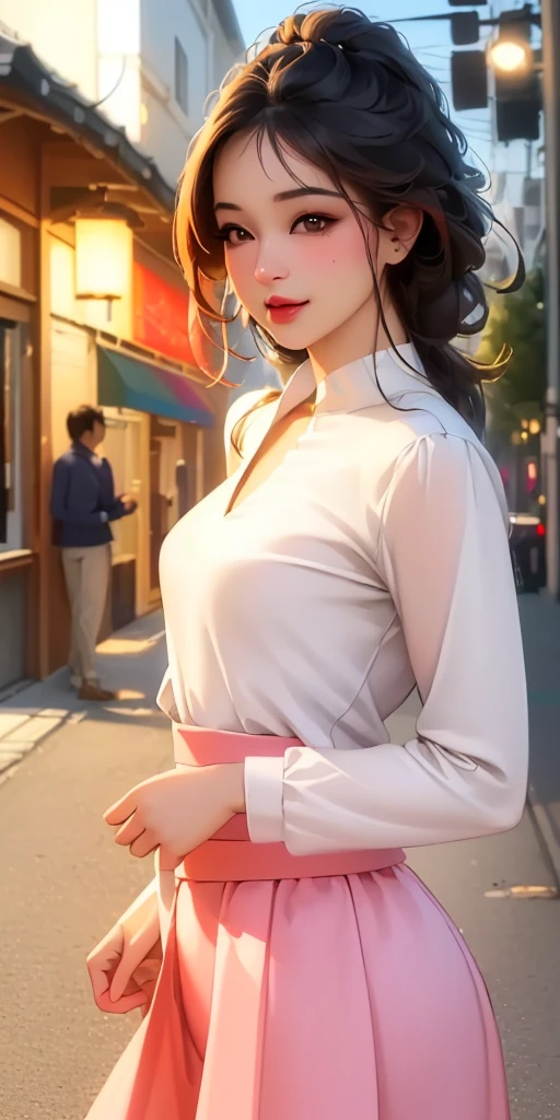 ((best quality, ultra-detailed, photorealistic: 1.39), bright and vibrant colors, studio lighting, romantic expression, seductive, Cute girl, small breasts, long sleeve blouse and beautiful skirt, on the street with beautiful stores